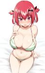  1girl :o absurd_res arm_support bangs bare_arms bare_shoulders bat_hair_ornament bed_sheet bikini blurry blush breasts cleavage collarbone depth_of_field fang female_only gabriel_dropout greatmosu green_bikini hair_between_eyes hair_ornament hair_rings high_res huge_breasts looking_at_viewer navel nose_blush open_mouth perspective purple_eyes red_hair satanichia_kurumizawa_mcdowell side-tie_bikini_bottom sidelocks sitting skin_fang skindentation solo_female stomach striped striped_bikini swimsuit thighs white_background 