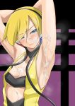 arm_up armpit_sex armpits blonde_hair blue_eyes blush bra breasts cleavage creatures_(company) cum cum_on_armpit cum_on_body cum_on_upper_body elesa_(pokemon) facial frown game_freak gym_leader headphones humans_of_pokemon kamitsure_(pokemon) lingerie nintendo pokemon pokemon_(anime) pokemon_(game) pokemon_black_2_&_white_2 pokemon_black_and_white pokemon_bw pokemon_bw2 short_hair smile solo steam underwear yuuki_maya