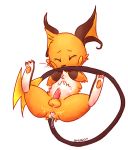 2012 after_sex anus ass biting_tail blush cum cum_inside cum_on_ass cum_on_penis embarrassed erection feral gaping gaping_anus gay legs_up lying male nibbling nintendo on_back pawpads penis plain_background pokemon precum raichu shugowah solo spreading tears testicles video_games white_background