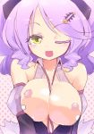  1girl bare_shoulders between_breasts big_breasts breast_squeeze breasts chandelure cleavage colored_eyelashes costume homura_subaru looking_at_viewer mrbobby15j nintendo one_eye_closed open_mouth pokemon pokemon_bw porkyman purple_hair revision smile solo upper_body wink yellow_eyes 