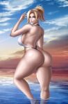 1girl angela_ziegler ass big_ass big_breasts black_eyebrows blizzard_entertainment blonde_hair blue_eyes blush breasts cleavage female_only flowerxl looking_at_viewer looking_back mercy_(overwatch) one-piece_swimsuit overwatch pinup solo_female swimsuit thick_thighs