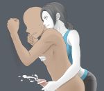 1boy 1girl against_wall bare_shoulders breast_press breasts censored cum ejaculation faceless faceless_male femdom grey_eyes grey_hair handjob large_breasts long_hair nintendo nipple_tweak penis ponytail reach-around sitougara trainer_(wii_fit) white_skin wii_fit wii_fit_trainer