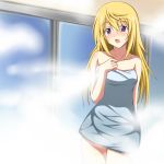  1girl asakura_nagi bad_id bare_shoulders blush charlotte_dunois female infinite_stratos minatsuki_nao naked_towel open_mouth solo standing steam towel 