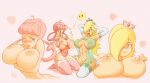  2girls blonde_hair blush breast_expansion breasts chiko_(mario) crossover crown elbow_gloves fedogrim gloves hair_over_one_eye joy_(pokemon) kneeling large_breasts luma multiple_girls navel nintendo pink_background pink_hair pokemon rosalina_(mario) rosetta_(mario) see-through super_mario_bros. super_mario_galaxy thighhighs wand 