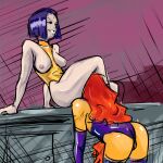 2_girls armwear ass bent_over big_breasts breasts breasts_outside cartoon_network ctankomega dc_comics grey_skin grin koriand'r lady_legasus leaning_back legs legwear leotard long_hair nipples orange_skin purple_armwear purple_hair purple_legwear pussy pussylicking rachel_roth raven_(dc) red_hair sex sitting starfire tagme teen_titans teen_titans_go yuri