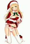 1girl absurdres big_breasts blonde_hair blush bow bow_panties breasts cameltoe capelet christmas christmas_outfit cleavage female female_only fur_trim garter_belt garter_straps green_eyes hat highres kneel long_hair looking_at_viewer navel panties puella_1_(tony_taka) santa_costume santa_hat scan side-tie_panties simple_background smile solo taka_tony takayuki_tanaka tanaka_takayuki thighhighs tony_taka underwear white_background white_legwear white_panties