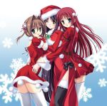  3girls asakura_yume black_legwear brown_hair christmas crossover da_capo da_capo_i da_capo_ii elbow_gloves female gloves hug multiple_girls nagumo_sae one_eye_closed red_gloves red_hair saishuu_shiken_kujira santa_costume shirakawa_kotori snowflakes standing tanihara_natsuki thighhighs white_legwear wink winter 