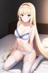  1girl alice_schuberg alluring big_breasts blonde_hair blue_eyes bra lingerie on_bed panties stockings sword_art_online youzya 