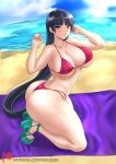  1girl alluring beach big_breasts bikini black_hair blue_sky cleavage game_freak high_heels legs magenta_eyes natsume_(pokemon) nexus-sig nintendo ocean pokemon_(anime) pokemon_frlg pokemon_gsc pokemon_hgss pokemon_rgby posing sabrina sabrina_(pokemon) under_boob 