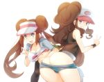 2girls anus ass bare_shoulders baseball_cap bent_over bikini_top black_legwear blue_eyes blush bra breast_slip breasts brown_hair cleavage denim denim_shorts double_bun grin hair_bun hat hilda_(pokemon) humans_of_pokemon large_breasts long_hair looking_at_viewer looking_back mei_(pokemon) multiple_girls naso4 nintendo nipples no_bra no_panties one_breast_out open_mouth pants_pull pantyhose payot pink_bra pokemon pokemon_(game) pokemon_black_and_white pokemon_bw pokemon_bw2 ponytail presenting pussy_peek raglan_sleeves rosa_(pokemon) shirt_lift short_shorts shorts shorts_pull sidelocks simple_background sleeveless smile standing touko_(pokemon) twintails underboob underwear v vest visor visor_cap white_(pokemon)