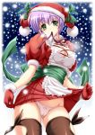 1girl apron black_legwear bow bow_panties breasts cameltoe christmas cleavage cowboy_shot cross-laced_clothes dress dress_lift female gloves green_eyes hat looking_at_viewer mouth_hold panties purple_hair red_gloves ribbon_in_mouth santa_hat shiruko skirt skirt_lift snow snowing solo standing thighhighs underwear white_panties