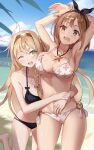  2_girls ;d armpits arms_up atelier_(series) atelier_ryza bangs bare_shoulders beach big_breasts bikini black_ribbon blonde_hair blue_bikini blue_sky blush braid breasts brown_eyes brown_hair cleavage clothed_female cloud collarbone day female_focus female_only floral_print hair_ornament hair_ribbon hairband hairclip high_res horny hugging jewelry klaudia_valentz long_hair looking_at_viewer monyu_(monyupop) multiple_girls navel necklace ocean one_eye_closed open_mouth outside pink_bikini reisalin_stout ribbon sand short_hair sidelocks skin_fang sky smile star star_necklace stomach swimsuit tagme teen thighs video_game_character video_game_franchise wet 