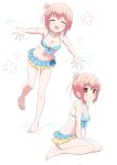 1girl bare_legs barefoot bikini closed_eyes closed_mouth ichinose_hana looking_at_viewer medium_hair outstretched_arms pink_hair sitting slow_start_(series) smile standing standing_on_one_leg swimsuit warukusu