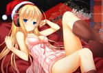  1girl 47agdragon babydoll blonde_hair blue_eyes blush boots breasts christmas cleavage dress female hat headphones legs logo long_hair lying original red_legwear santa_hat strap_slip 