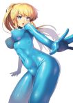 1girl blonde_hair blue_eyes bodysuit breasts clothed_navel covered_navel impossible_clothes long_hair metroid nagase_haruhito nintendo ponytail samus_aran simple_background skin_tight solo white_background zero_suit