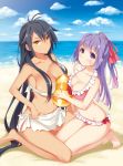  2girls ball bandeau beach beachball bikini black_hair bow breasts cleavage cloud female frilled_bikini frills groin hair_bow hanaji_tencho_ja_dame_desu_ka? kayou kayou_(artist) kneeling large_breasts long_hair mound_of_venus multiple_girls navel purple_eyes purple_hair sand sarong swimsuit tan water yellow_eyes 