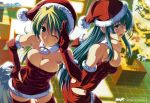 2_girls 2girls aqua_eyes aqua_hair art artist_request babe bag bare_shoulders big_breasts blush breasts christmas christmas_tree cleavage detached_sleeves dress elbow_gloves embarrassed female game_cg gloves green_eyes green_hair hand_on_hip hat high_res highres holding large_breasts long_hair looking_at_viewer multiple_girls open_mouth red_gloves red_thighhighs santa_costume santa_hat shy smile standing strapless strapless_dress thighhighs tree wink x-mas