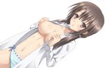  1girl blue_panties blush bow bow_panties breasts brown_eyes brown_hair cleavage dutch_angle female hiramatsu_taeko kanden_suki kore_wa_zombie_desu_ka? lingerie long_hair looking_at_viewer navel neko_no_tsuno nipples no_bra open_clothes open_mouth open_shirt panties shirt simple_background solo twintails underwear white_background 