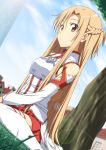 1girl asuna_(sao) bare_shoulders breastplate brown_eyes brown_hair female grass ladybug long_hair looking_at_viewer nori_tamago red_eyes sitting solo sword_art_online thighhighs tree white_legwear