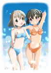  2_girls bare_shoulders barefoot bikini black_hair blue_bikini blue_eyes feet green_eyes grey_hair hairclip kuraue_hinata navel orange_bikini standing swimsuit yama_no_susume yukimura_aoi 