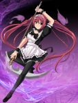  1girl airi_(queen's_blade) black_legwear black_thighhighs breasts cleavage female green_eyes hair_ribbon long_hair maid maid_headdress queen's_blade red_hair redhead ribbon scythe shinjitsu207 shinjitsu_(true_ride) shoes smile solo thigh-highs thighhighs twintails wrist_cuffs 