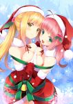  2girls :d ahoge bare_shoulders bell blonde_hair breast_press breasts brown_eyes christmas cleavage elbow_gloves female gintarou_(kurousagi108) gloves green_eyes hand_holding hat holding_hands kurousagi long_hair looking_at_viewer marin marin_(umi_monogatari) multiple_girls open_mouth pink_hair red_gloves ribbon santa_costume santa_hat smile snowflakes symmetrical_docking symmetrical_hand_pose umi_monogatari urin_(umi_monogatari) yellow_eyes 