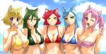 5girls animal_ears bandeau bare_shoulders bikini blonde_hair blue_hair breasts brown_eyes cat_ears catgirl cleavage cloud cute drill_hair female frilled_bikini frills green_eyes green_hair large_breasts lineup long_hair midriff multiple_girls navel one_eye_closed open_mouth original outdoors pink_eyes pink_hair purple_eyes red_hair redhead short_hair sky smile strapless strapless_bikini strapless_swimsuit swimsuit take_your_pick tubetop twin_drills twintails ueyama_michirou underboob v violet_eyes water wink yellow_eyes