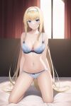  1girl alice_schuberg alluring bare_legs blonde_hair blue_eyes bra on_bed panties sword_art_online underwear youzya 