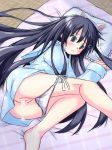 1girl aftersex akiba_rika animal_ears black_hair blush cat_ears censored cum cum_in_pussy cum_inside cumdrip female hanbun_no_tsuki_ga_noboru_sora kyubey long_hair loverikaakiba mahou_shoujo_madoka_magica panties panty_pull pillow polka_dot polka_dot_panties pussy side-tie_panties solo sweat tears underwear