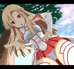 >:o 1girl :o armor asuna_(sao) braid breastplate brown_eyes brown_hair cloud detached_sleeves female from_below hand_on_hip lens_flare letterboxed long_hair looking_at_viewer looking_down nori_tamago open_mouth outstretched_hand panties pantyshot perspective pov pov_eye_contact sky solo sunlight sword_art_online thighhighs tree tree_shade underwear upskirt white_legwear white_panties