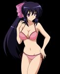 1_girl 1girl art artist_request bikini black_hair confused female hair_ribbon himari long_hair omamori_himari ponytail purple_eyes ribbon solo swimsuit