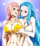 2_girls alluring bikini_bra breast_grab fondling_breast grin holding_breasts nefertari_vivi nel-zel_formula one_piece princess rebecca_(one_piece) royalty white_bra yellow_bra yuri