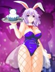 1girl animal_ears bare_shoulders bow bowtie breasts bunny_ears bunny_girl bunnysuit cirno cleavage detached_collar female fishnet_pantyhose fishnets lavender_hair letty_whiterock pantyhose purple_eyes short_hair smile snowman solo suzuki_sakura touhou tray wrist_cuffs