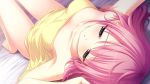  1girl aqua_eyes barefoot bed_sheet blush character_request female fumio fumio_(ura_fmo) game_cg grisaia_(series) grisaia_no_kajitsu komine_sachi long_hair long_legs lying naked_towel on_back pink_hair solo sweat towel 