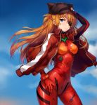  1girl animal_hat asuka_langley_souryuu blue_eyes bodysuit cowboy_shot evangelion:_3.0_you_can_(not)_redo eyepatch female frown hand_on_hip hat jacket jacket_on_shoulders long_hair looking_at_viewer momoko_(momopoco) neon_genesis_evangelion orange_hair plugsuit rebuild_of_evangelion solo track_jacket 