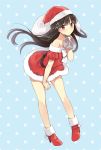 1girl bare_legs bare_shoulders bent_over black_hair blush boots collarbone female gift hat holding kurasawa_moko long_hair looking_at_viewer original pigeon-toed polka_dot polka_dot_background purple_eyes red_eyes sack santa_costume santa_hat solo