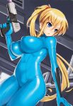 1girl blonde_hair blue_eyes bodysuit breasts female gun huge_breasts large_breasts latex long_hair metroid nagase_haruhito nintendo ponytail samus_aran shiny shiny_clothes skin_tight solo thick weapon zero_suit