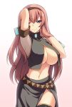 1_girl 1girl adjusting_hair arm armband armpits arms arms_up art belt big_breasts black_legwear blue_eyes blush breasts female gem gradient gradient_background huge_breasts large_breasts legs long_hair looking_at_viewer luka_megurine megurine_luka midriff miyashiro_sousuke naughty_face navel no_bra open_clothes pink_hair side_slit simple_background skirt smile solo thighhighs underboob vocaloid