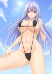  1girl bikini black_bikini blue_hair breasts female groin huge_breasts large_breasts lavender_hair lens_flare long_hair mound_of_venus navel purple_hair red_eyes selvaria_bles senjou_no_valkyria senjou_no_valkyria_1 shuugetsu_karasu silver_hair sky sling_bikini solo string_bikini swimsuit valkyria_chronicles 