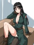  1girl arm_support black_eyes black_hair black_legwear blush boots breasts cleavage dragon_ball female gloves highres large_breasts long_hair mai_(dragon_ball) open_clothes single_thighhigh sitting smile solo thighhighs uniform zaxwu 