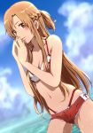  1girl asuna_(sao) bare_shoulders bikini blush boyshorts braid brown_eyes brown_hair female fingers_together highleg_bikini looking_at_viewer nail_art nail_polish navel no10 smile solo swimsuit sword_art_online water 