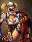 batman:_arkham_asylum batman_(series) blonde_hair blue_eyes boots dc dc_comics fingerless_gloves fishnets harleen_quinzel harley_quinn short_skirt twin_tails