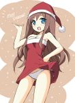  1girl blue_eyes brown_hair christmas dress female hat long_hair merry_christmas open_mouth original panties santa_costume santa_hat side-tie_panties sky_(freedom) smile solo strapless strapless_dress underwear wind wind_lift 