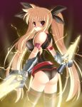  1girl ass bardiche blonde_hair energy_sword fate_testarossa female gauntlets long_hair lyrical_nanoha mahou_shoujo_lyrical_nanoha mahou_shoujo_lyrical_nanoha_strikers narutaki_shin solo sword thighhighs twintails very_long_hair weapon 