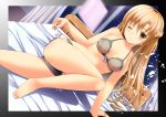 1girl ;) asuna_(sao) barefoot bed black_bra black_panties blonde_hair blush bra curtains female long_hair looking_at_viewer nipples onaka_sukisuki one_eye_closed panties see-through side-tie_panties smile solo sword_art_online underwear underwear_only window wink yuuki_asuna