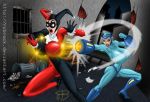  2_girls batman_(series) big_breasts breast_expansion breasts dc_comics female female_only genderswap harley_quinn huge_breasts mega_man mega_man_(character) megaman ray_gun raygun rcbrock 