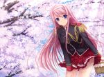  1_girl 1girl ahoge bare_legs basket blue_eyes blush cherry_blossoms epaulettes female game_cg hair_between_eyes hairband hand_on_thigh high_res highres holding kisaki_mio komori_kei leaning leaning_forward legs long_hair long_sleeves looking_at_viewer mio_kisaki outdoors pink_hair pleated_skirt red_skirt school_uniform skirt skirt_lift sky smile solo standing sunlight tree walkure_romanze wind_lift 