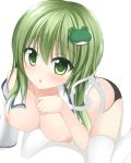  1girl bad_id bare_shoulders black_panties blush breasts chimunge cleavage collarbone female frog_hair_ornament green_eyes green_hair hair_ornament highres kochiya_sanae large_breasts long_hair looking_at_viewer naked_shirt nipples open_clothes open_mouth open_shirt panties shirt sitting snake snake_hair_ornament solo thighhighs touhou underwear wariza white_legwear 