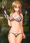  1girl bare_shoulders bikini blush breasts brown_hair cellphone checkered checkered_bikini collarbone female glasses inuzuka_bouru kiryuu_moeka large_breasts long_hair looking_at_viewer navel phone purple_eyes ribs side-tie_bikini solo steins;gate swimsuit underboob 