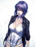 1girl breasts cleavage cyborg_(designation) female fingerless_gloves ghost_in_the_shell ghost_in_the_shell_stand_alone_complex gloves highres irohara_mitabi jacket large_breasts leotard lips looking_at_viewer motoko_kusanagi purple_hair red_eyes shikihara_mitabi short_hair solo